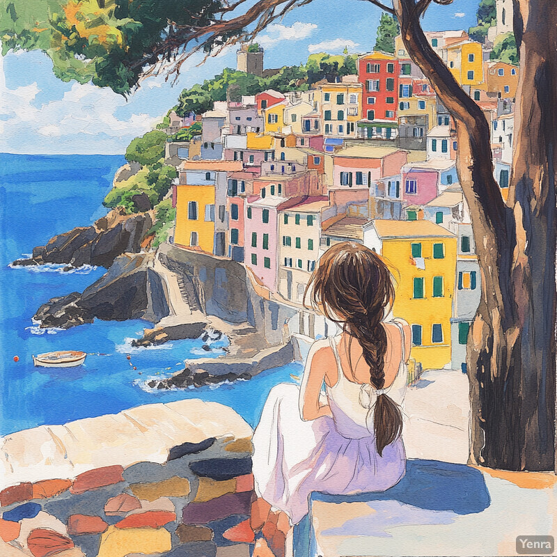 A woman sits on a stone wall overlooking a picturesque coastal town