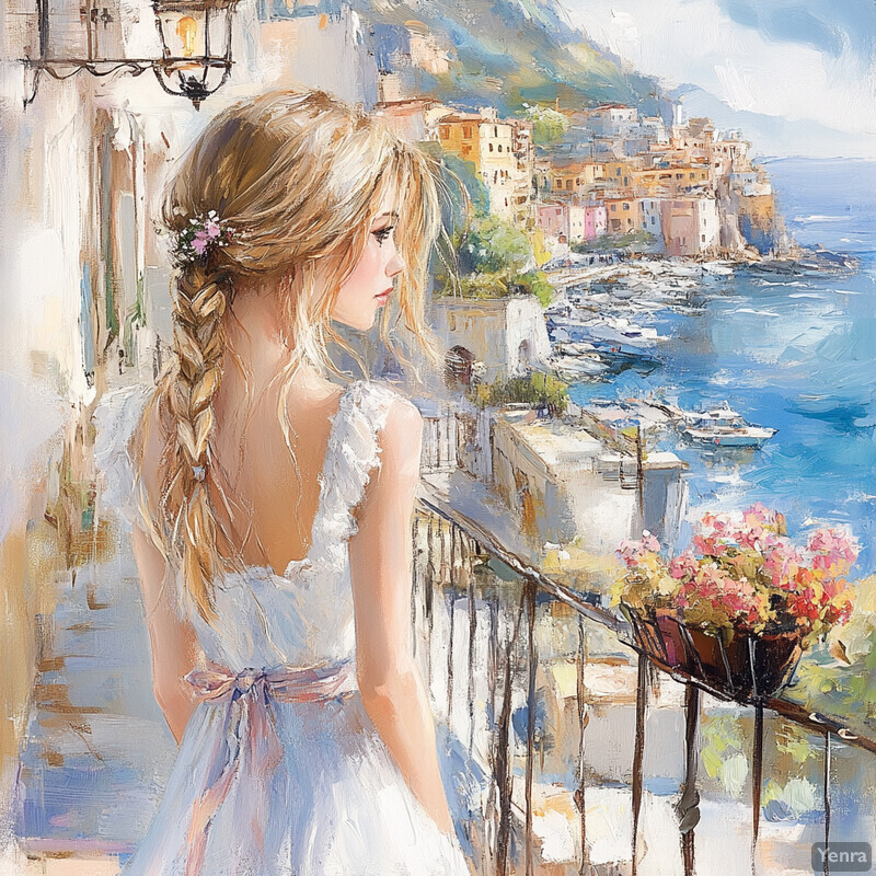 Oil painting of a young woman standing on a balcony overlooking the sea