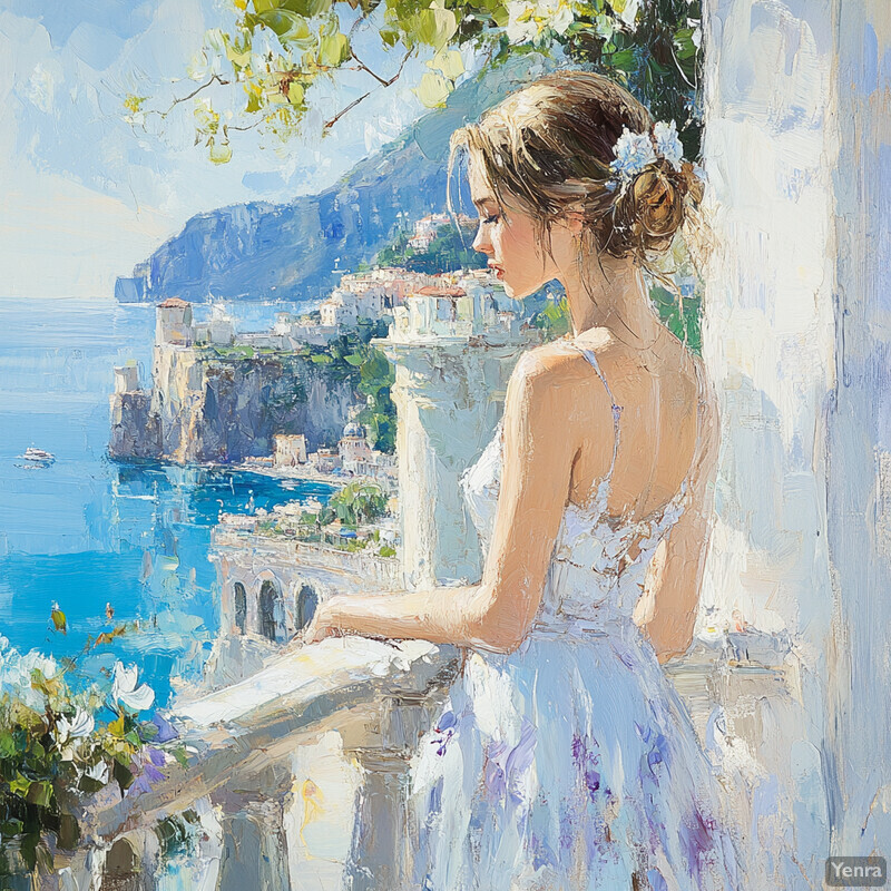 A woman stands on a balcony overlooking the Mediterranean Sea in this peaceful painting.