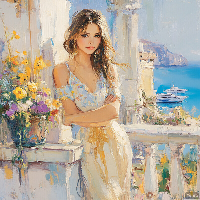 A serene and idyllic scene of a woman standing on a balcony overlooking the sea