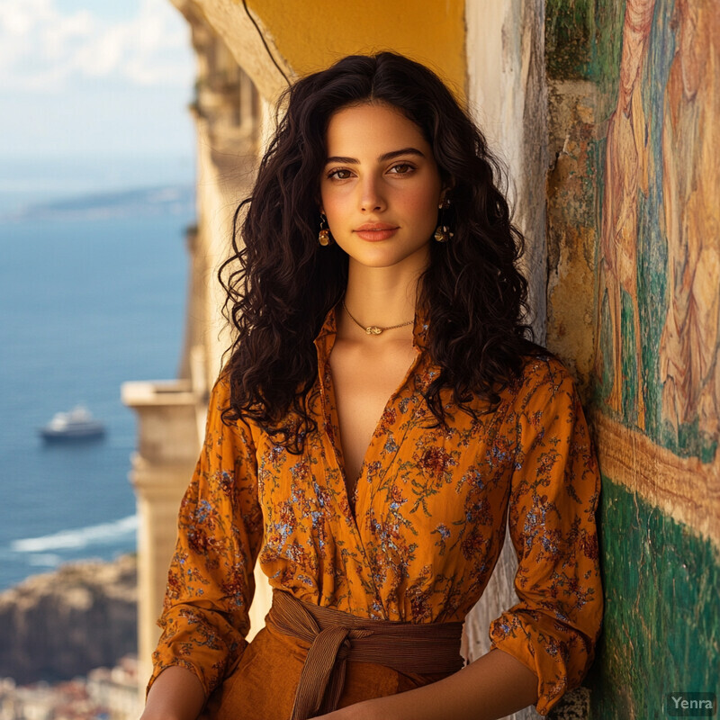 A woman stands in front of a wall with frescoes, overlooking the ocean