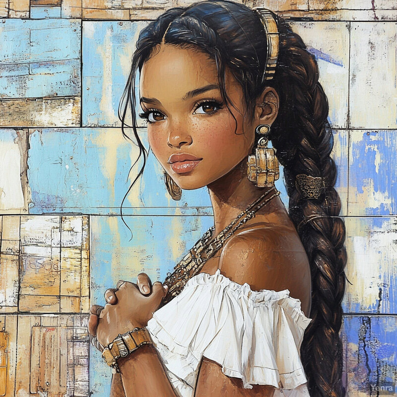 A woman with dark skin and long black hair styled in a braid, wearing gold jewelry and standing in front of a vibrant mural.