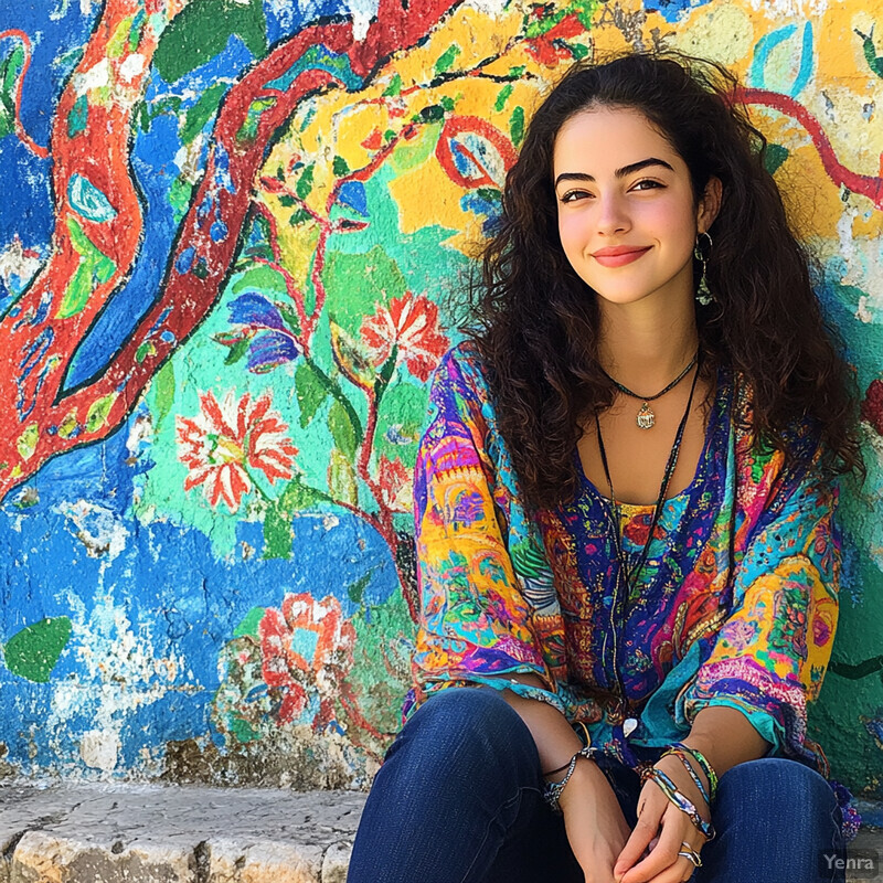 Young woman sitting in front of a colorful mural or graffiti wall