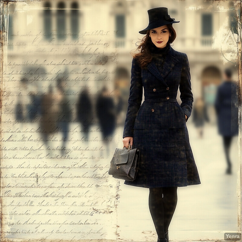 A woman in a dark blue plaid coat and black hat walks through a blurred outdoor setting.