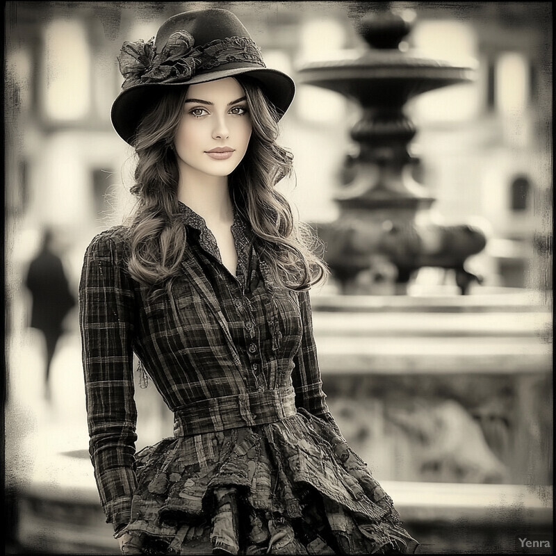 A young woman with long brown hair wearing a plaid dress and hat stands confidently in front of a blurred urban background.