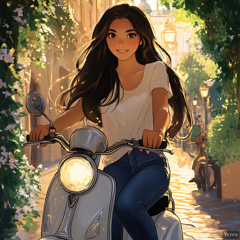 A young woman rides a scooter down a tree-lined street, surrounded by lush greenery and vibrant flowers.