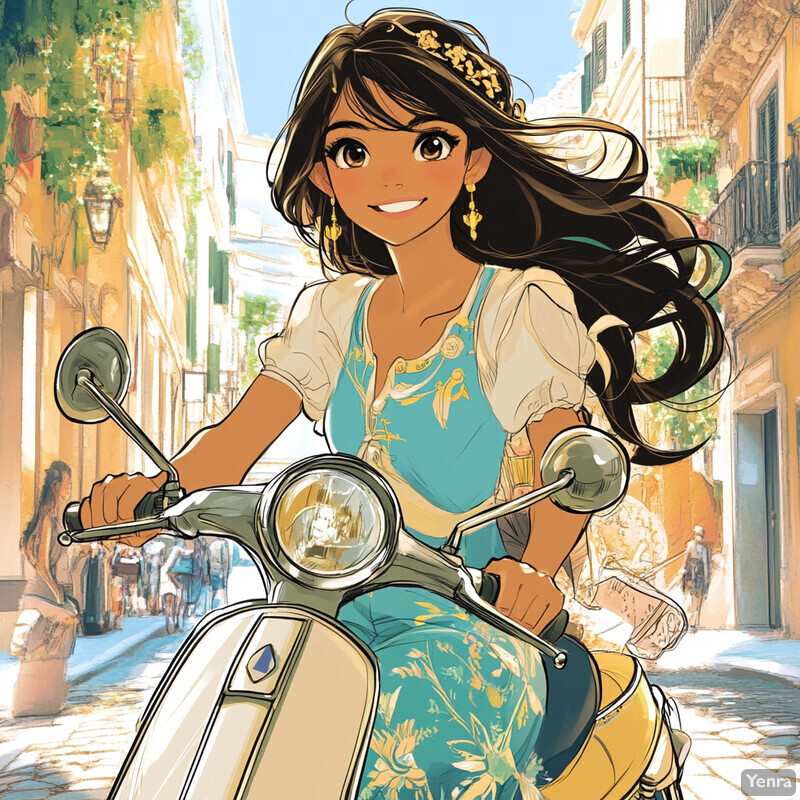 A young woman rides a cream-colored scooter down a cobblestone street in an Italian-style town.