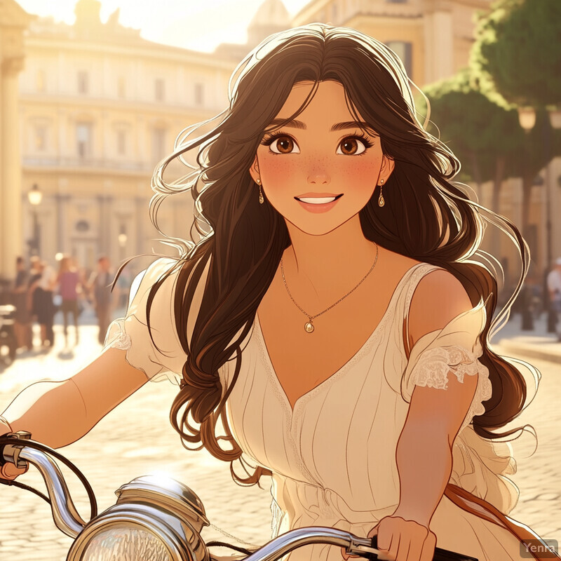 A cartoon-style illustration of a young woman riding a bicycle in an urban setting