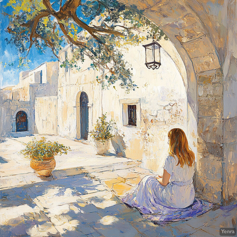 A serene scene of a woman sitting in front of an old stone building