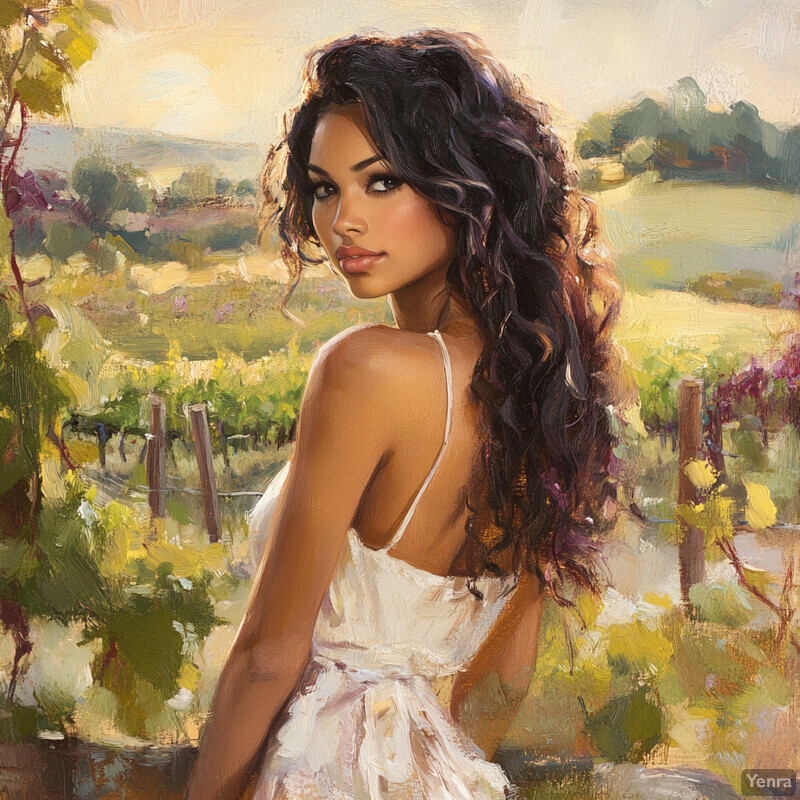 A woman stands in front of a vineyard, surrounded by lush greenery and vibrant flowers.