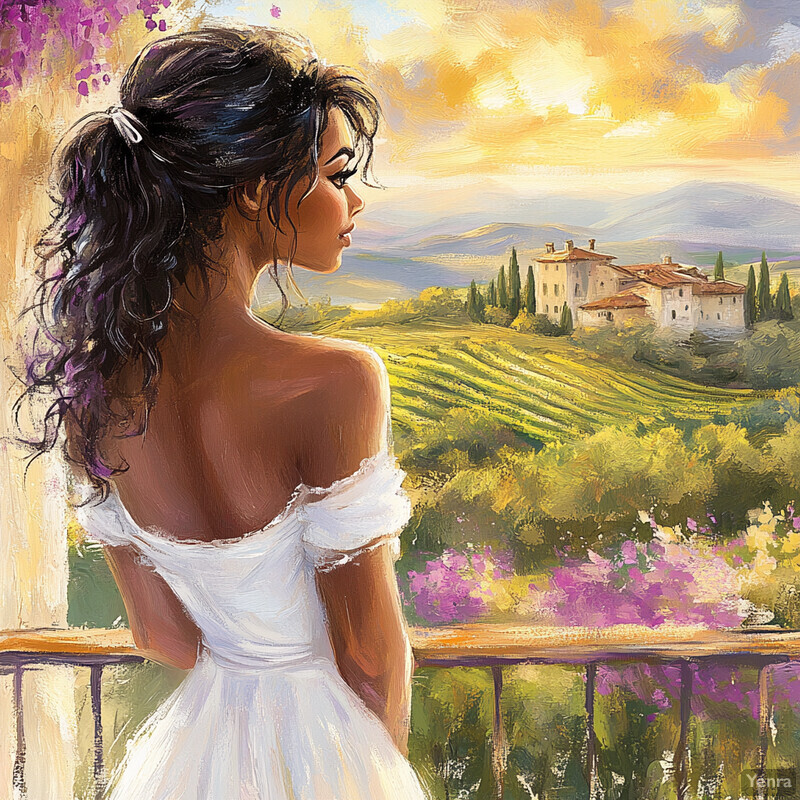 A serene painting of a woman in a white dress standing on a balcony overlooking rolling hills and vineyards