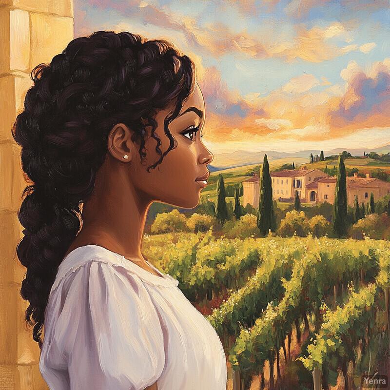 A serene Tuscan landscape with a woman standing in front of it, gazing out at the view.