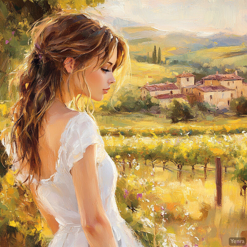 An oil painting of a young woman gazing out at a Tuscan landscape