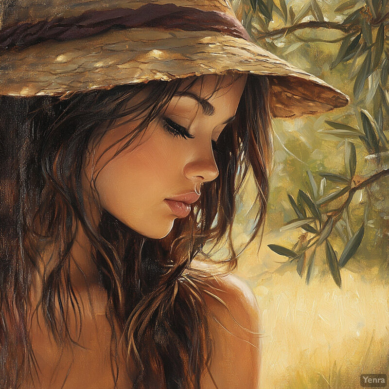 A serene portrait of a woman in a straw hat, exuding calmness and tranquility.