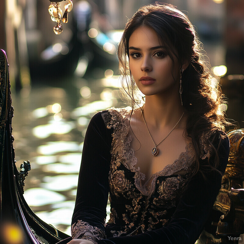 A young woman in a black dress with gold embroidery sits in front of a blurred background, exuding an air of sophistication and elegance.