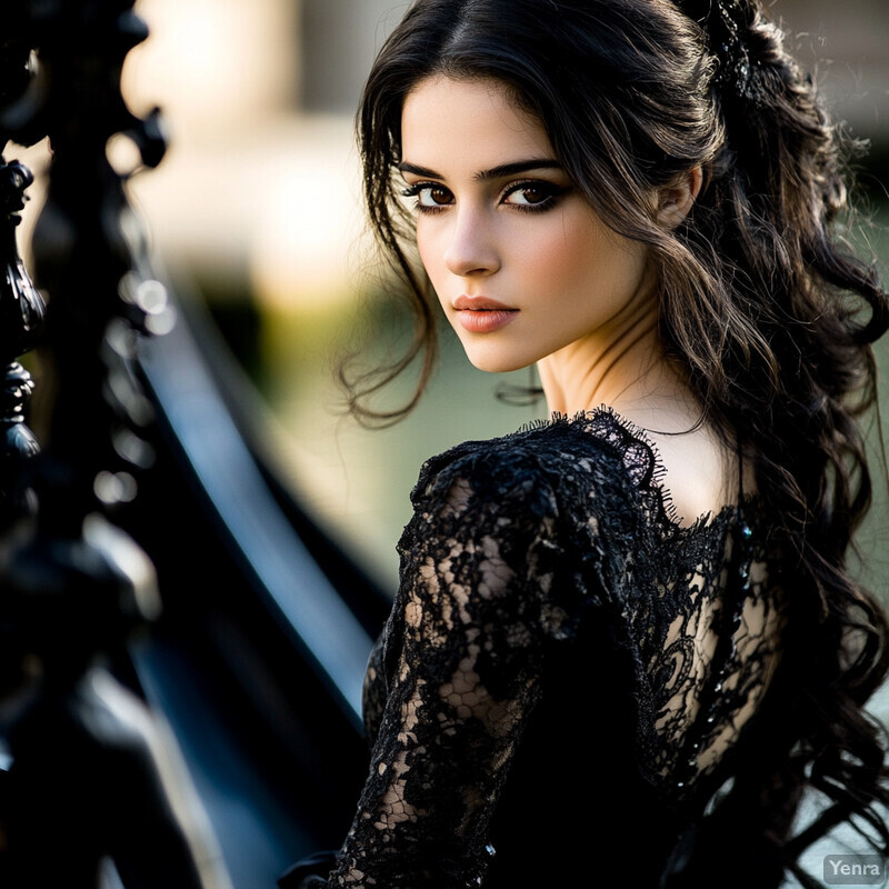 A young woman with long dark hair and brown eyes poses in front of a blurred background, showcasing her elegant attire and confident demeanor.