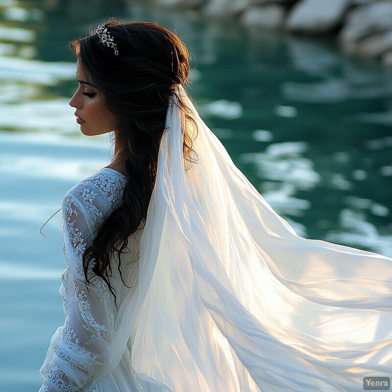 A woman in a white wedding dress stands by a body of water, exuding romance and serenity.