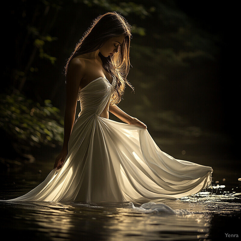 A woman stands in shallow water, wearing a flowing white dress with her head bowed and hands grasping the hem of her skirt.