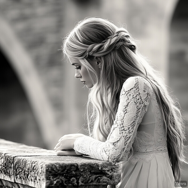 A woman sits at an outdoor table, lost in thought.