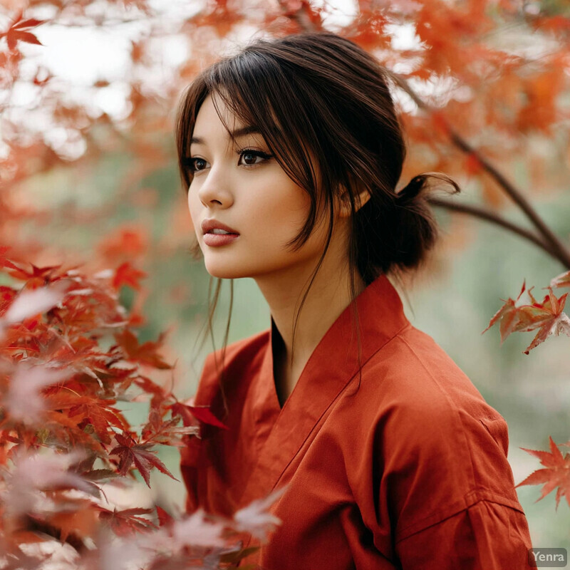 A young woman with dark hair and brown eyes stands in front of a blurred natural setting, wearing an orange top and gazing straight ahead.