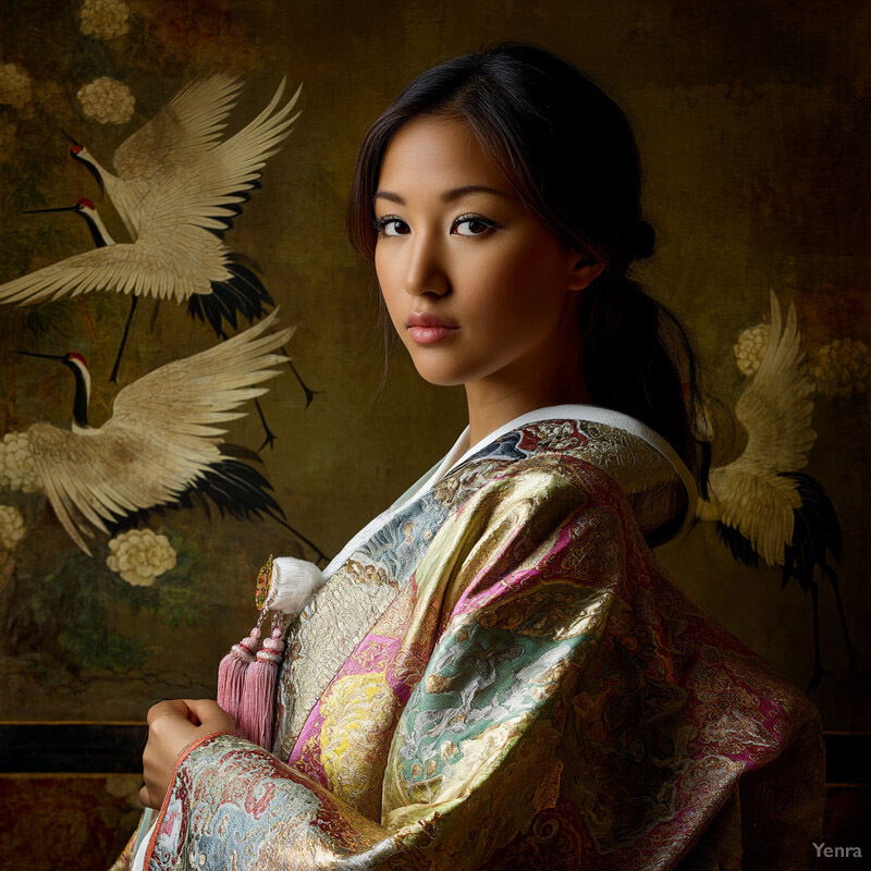 A young Asian woman poses before an intricately painted wallpaper backdrop, exuding elegance and cultural heritage.