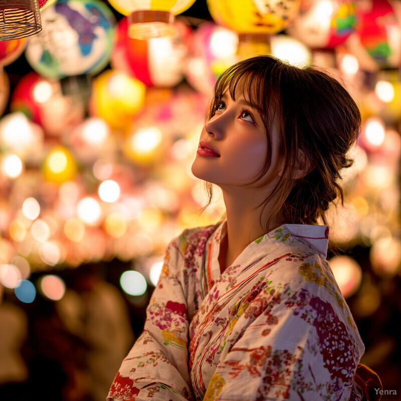 A young woman wearing a traditional Japanese kimono gazes upward at colorful paper lanterns suspended above her in an outdoor setting