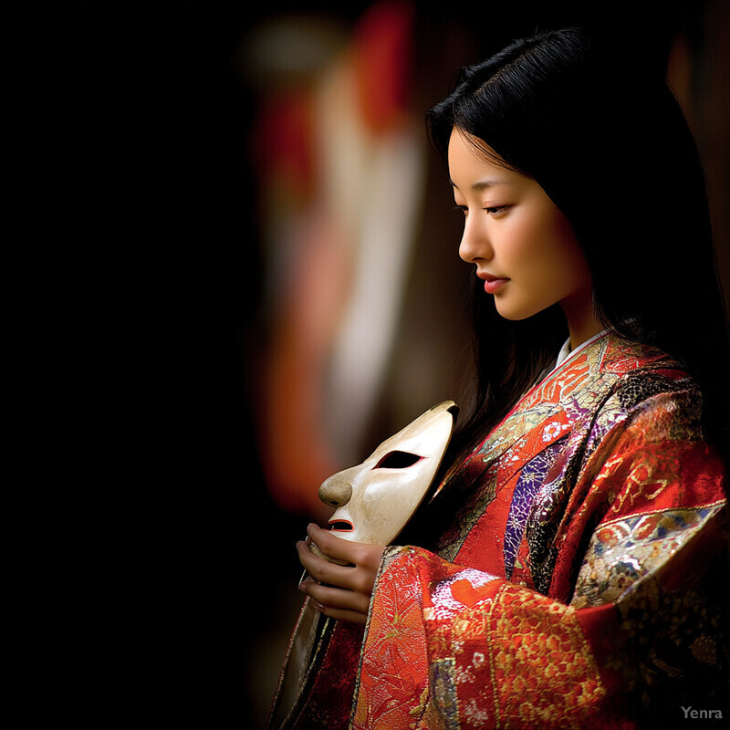 Woman in traditional Japanese attire holding a white mask