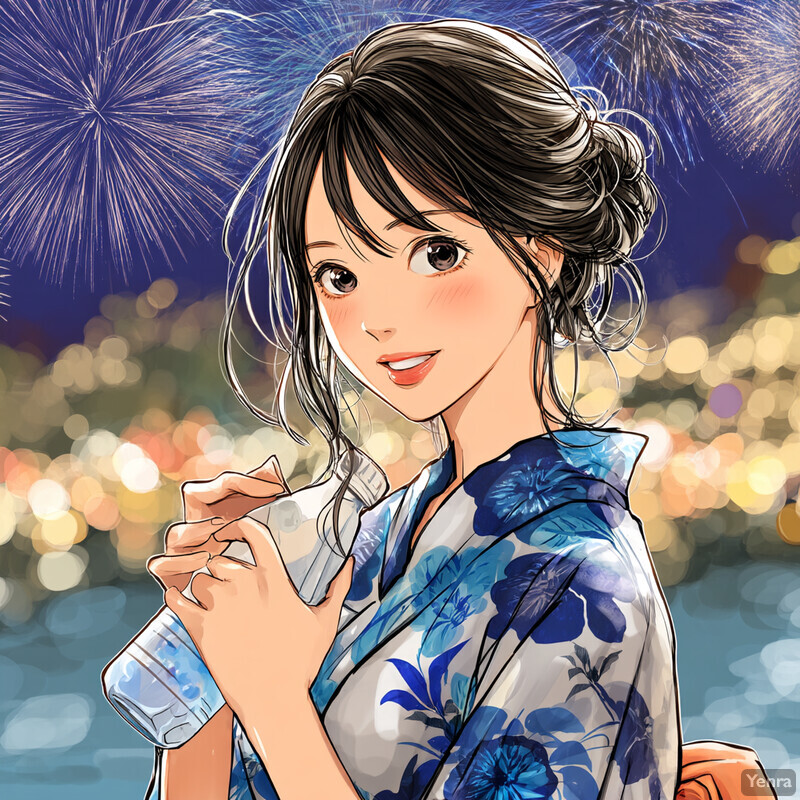 A young woman in a blue and white floral dress is shown holding a glass of water or wine against a city backdrop.