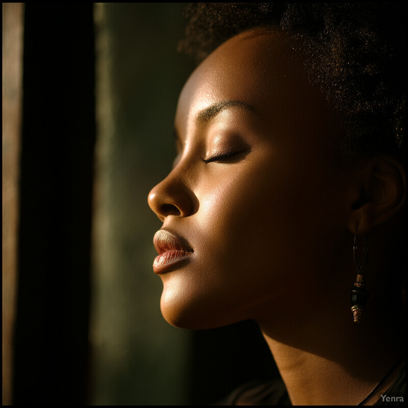 A black woman with short hair gazes at the camera, exuding elegance.