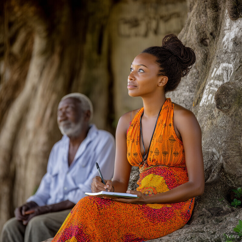 A woman sits on a tree trunk, gazing upwards with a sketchbook and pencil in hand, surrounded by lush greenery and a gentle stream.