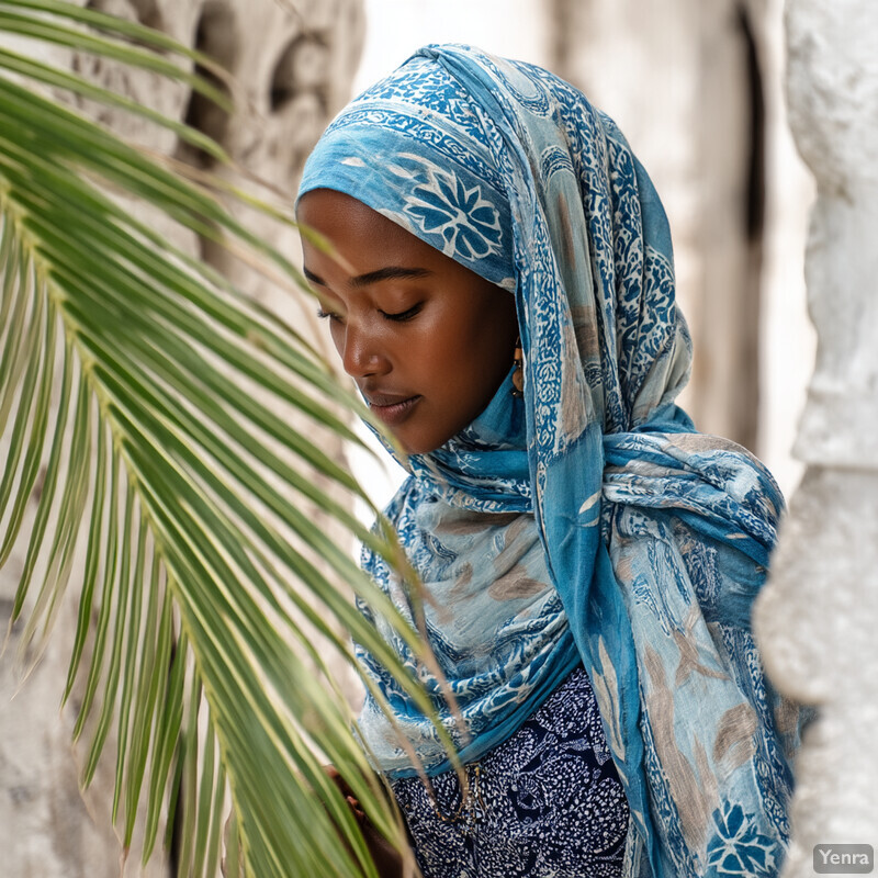 A young girl stands in front of a stone wall, wearing a blue and white headscarf with floral patterns, lost in thought or prayer.