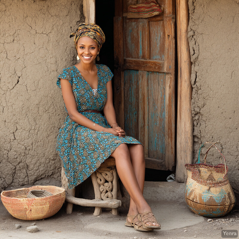 A woman sitting outside in front of a doorway to what appears to be her home, with baskets placed on either side of her.