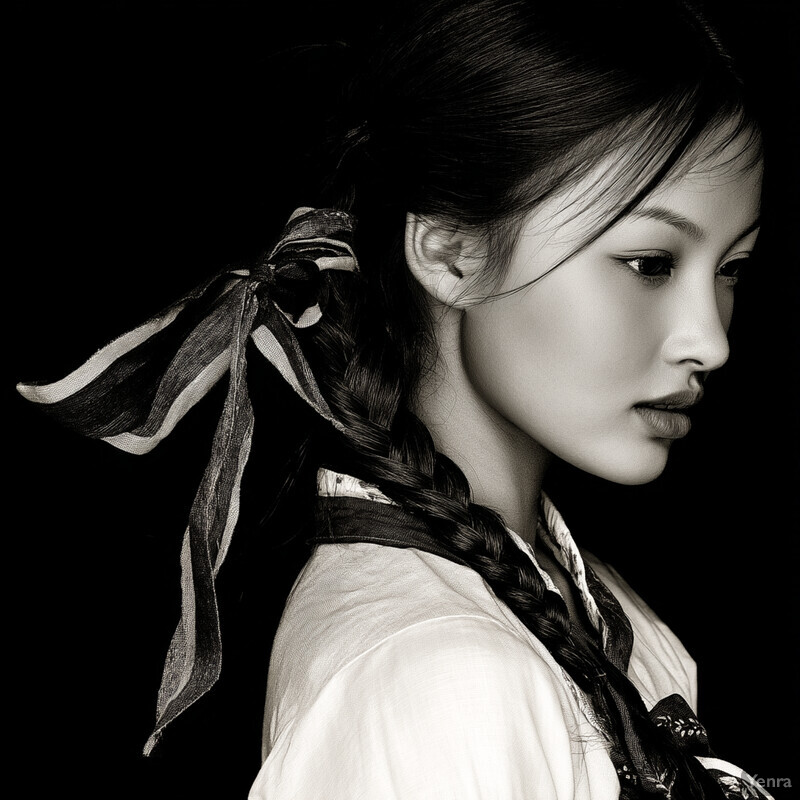A black-and-white photograph of a young girl with dark hair styled in two braids.