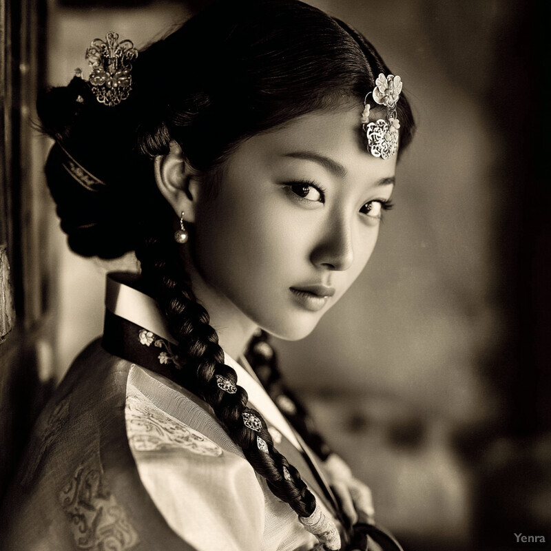 A black-and-white photograph of an Asian woman with long braided hair adorned with traditional jewelry.