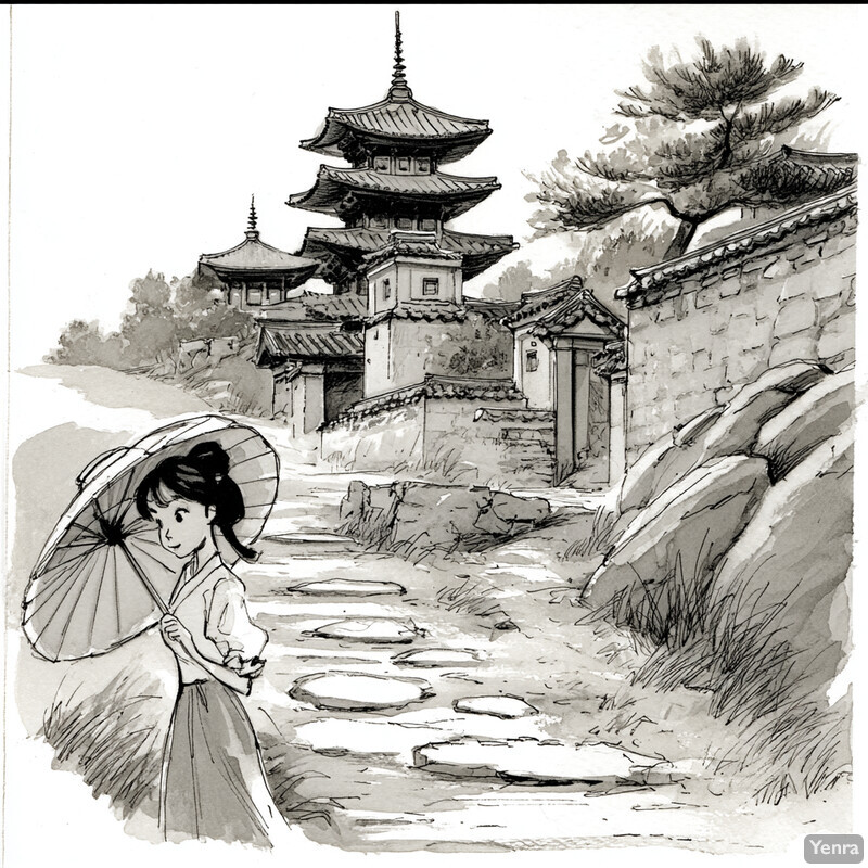 A young girl stands on stepping stones holding a paper umbrella, surrounded by traditional Japanese buildings in a tranquil village scene.
