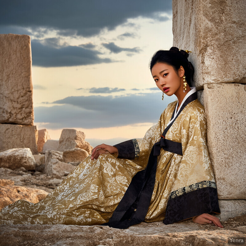 Woman in traditional Chinese dress poses against ancient stone wall