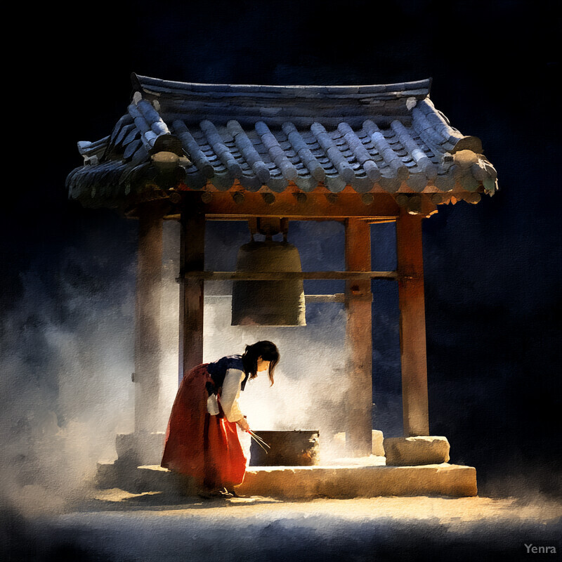 A woman in traditional Korean attire stands in front of a large bell, likely from an ancient temple or shrine, holding chopsticks or a cooking utensil in her hands.