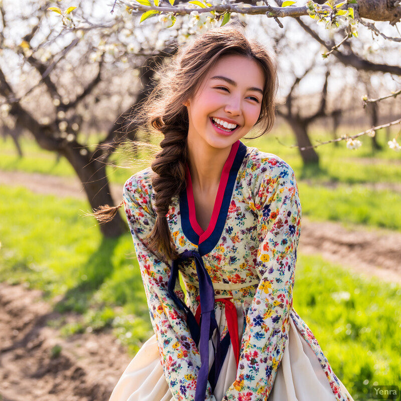 A young woman sits on a tree stump in front of a lush green forest, dressed in traditional Korean attire and holding a cup of tea.