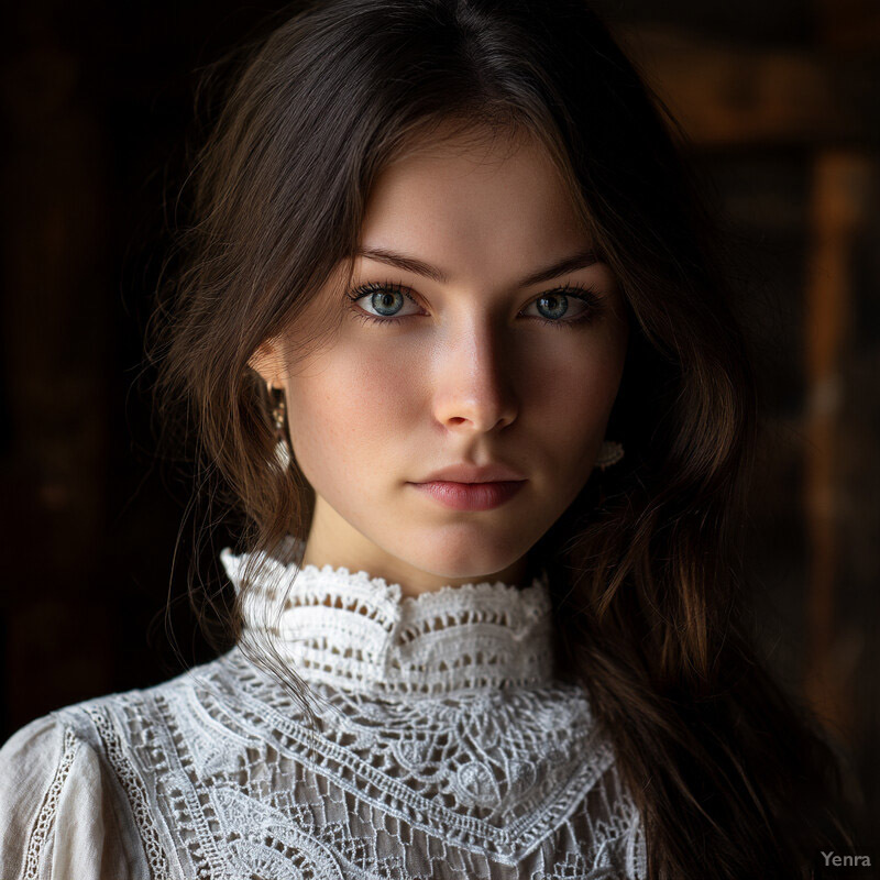 Young woman with long brown hair wearing an old-fashioned white dress