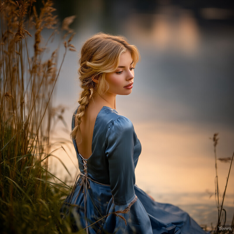 A young woman sits by the water's edge, surrounded by tall grasses and reeds, wearing a flowing blue dress and gazing out at the calm waters.