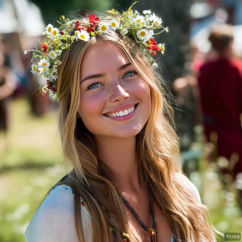 A woman with a floral crown smiles at the camera in an outdoor setting.