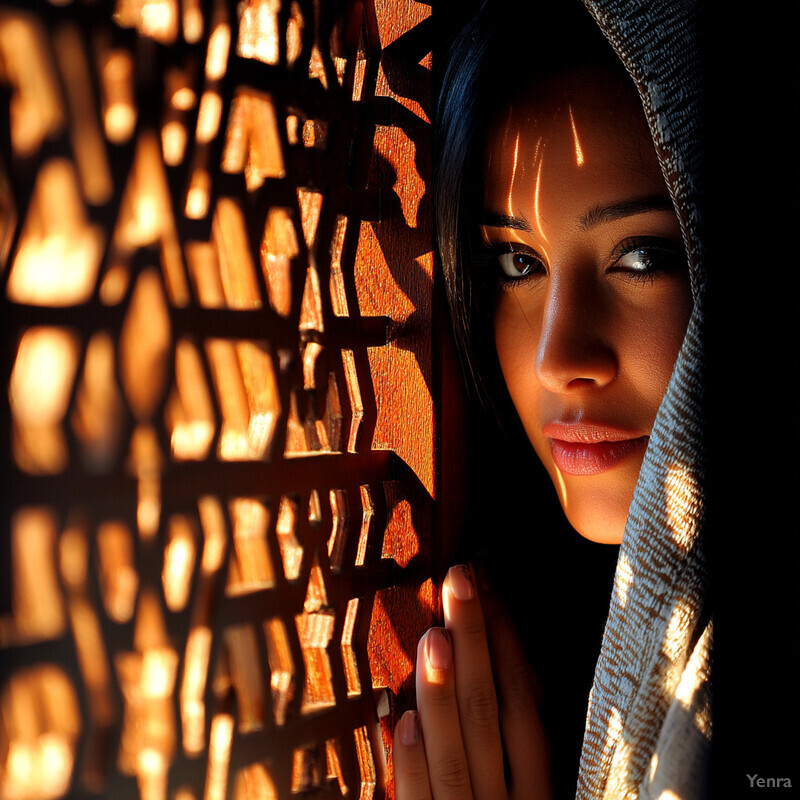 A woman with long black hair is seen gazing directly at the camera, with one hand raised in front of her chest as if in prayer or contemplation.