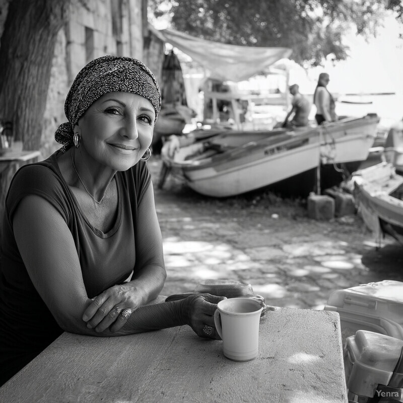 A black-and-white photograph captures a woman floating in a lake or river, holding a cup with her hands clasped together under the surface