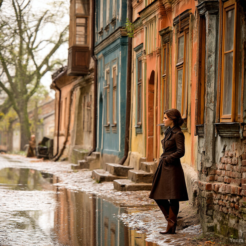 A woman stands on a cobblestone street, gazing at a puddle of water.