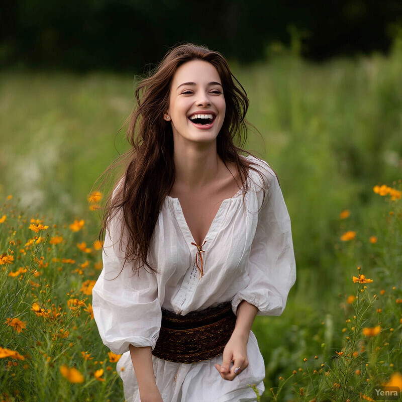 A young woman stands in a field of yellow flowers, smiling directly at the camera.