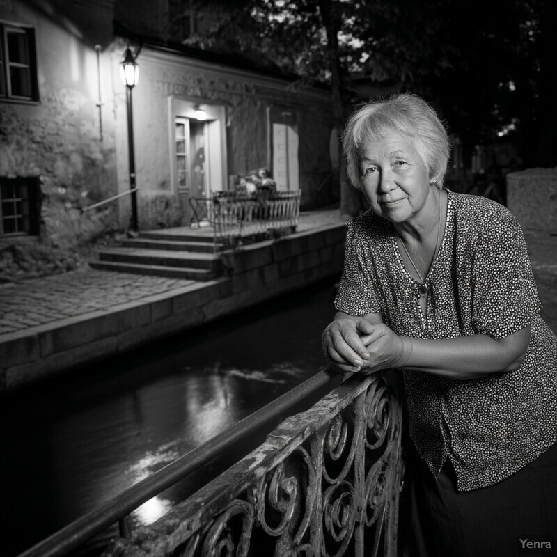 Elderly woman standing on a bridge at night