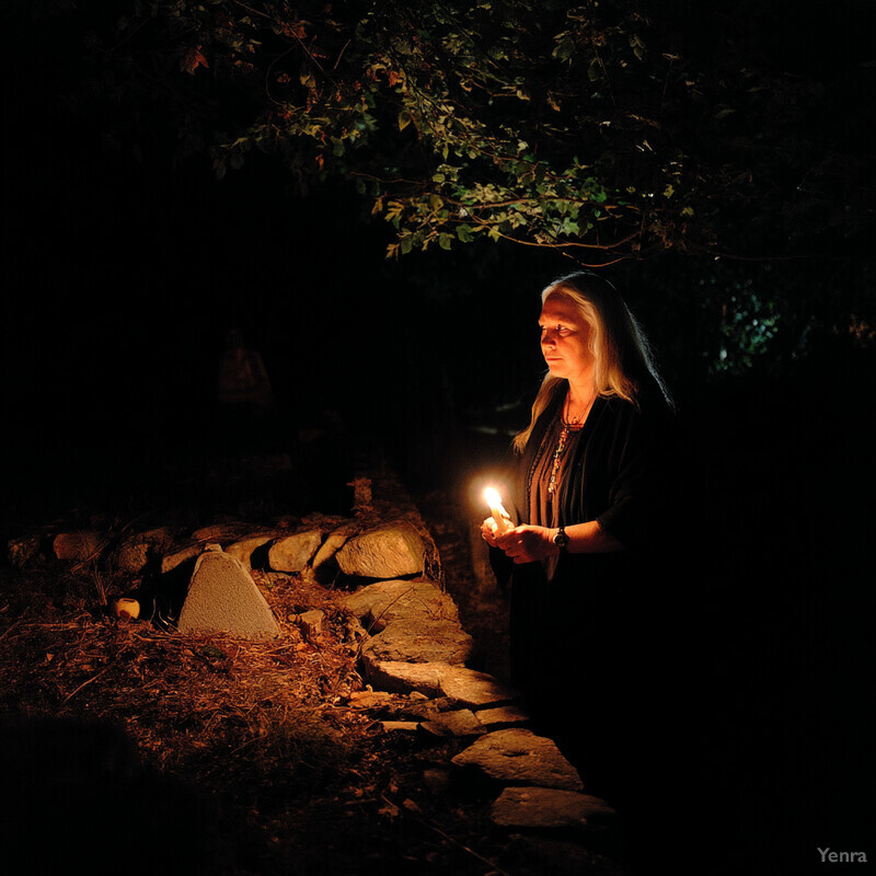 A woman kneels in front of a cemetery at night