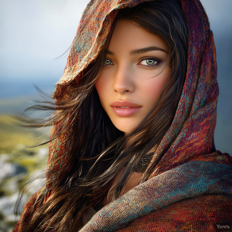 A young woman with long dark hair and green eyes, wearing a vibrant headscarf, gazes directly at the camera against a breathtaking natural backdrop.