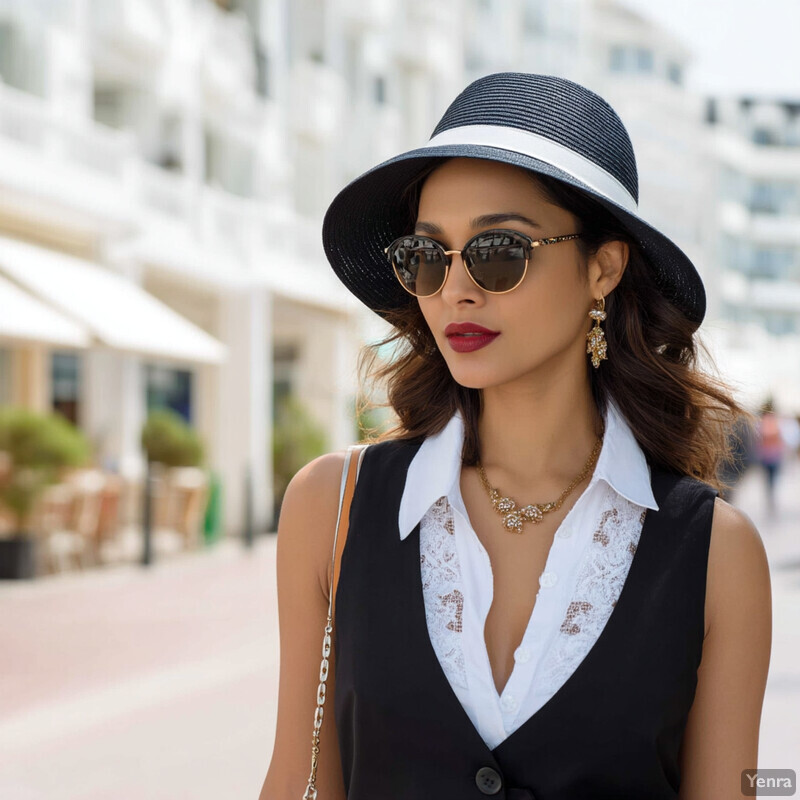 A stylishly dressed woman stands confidently in front of a blurred urban backdrop, showcasing her elegant accessories and poised demeanor.