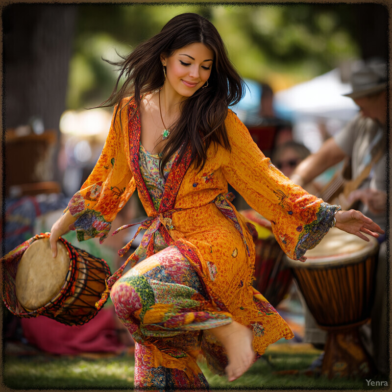 A woman dancing in the park, playing a drum with both hands.